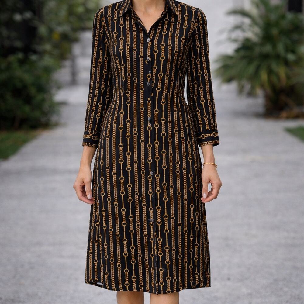 Banana Republic Black Gold Chain Print Shirt Dress Button Front Midi Sz 6